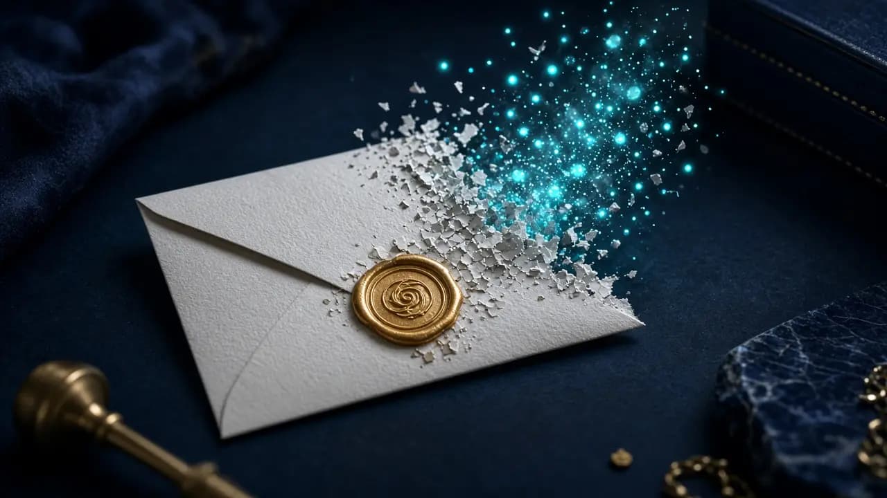 Platinum envelope dissolving into cyan fireflies