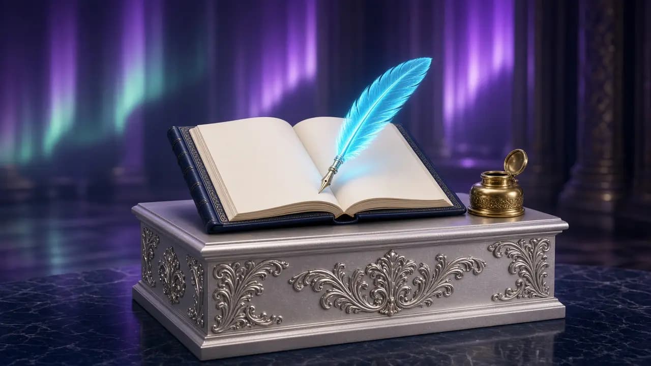 Platinum guestbook podium with a cyan quill of light