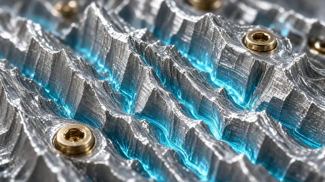 Macro of a CPU heatsink as a platinum mountain range