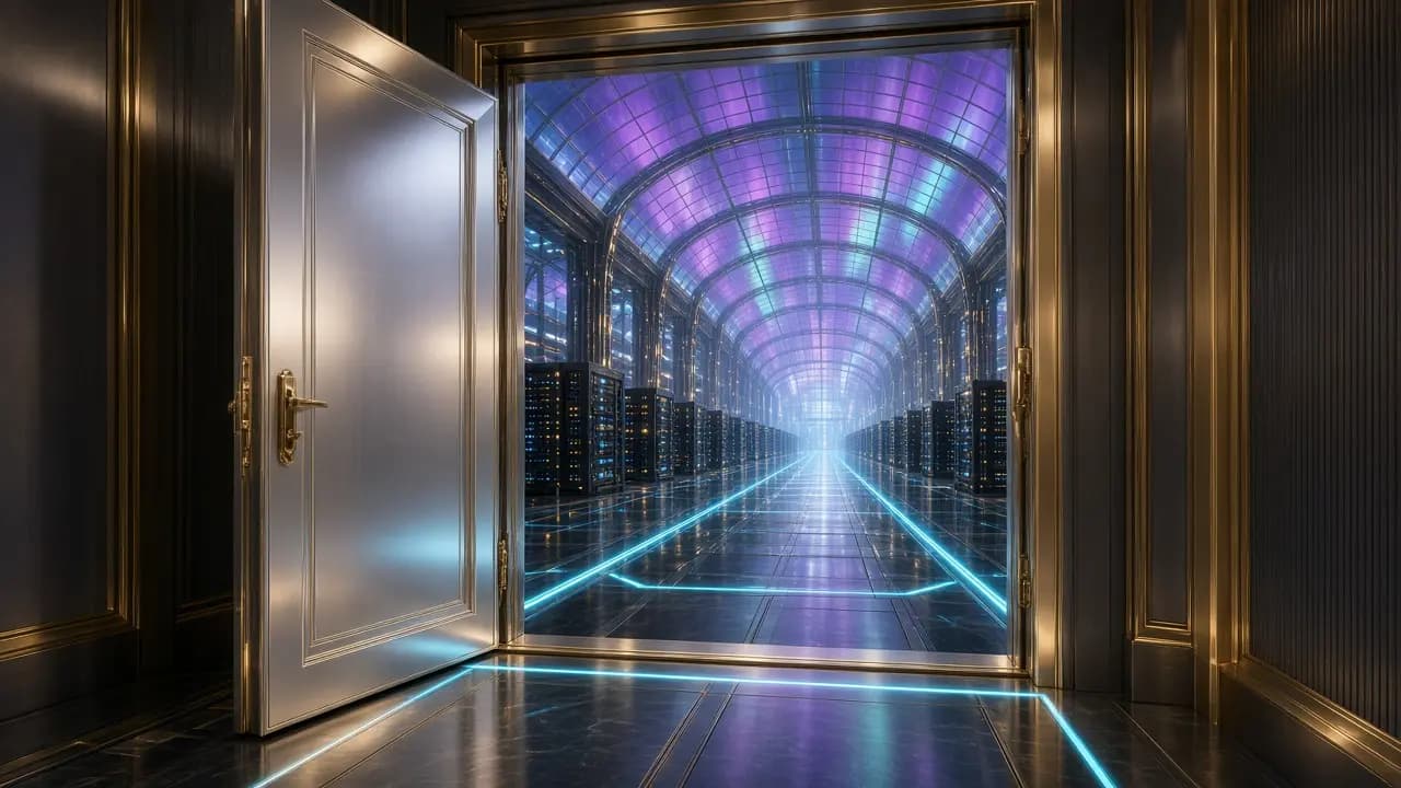 Platinum doorway into a luminous compute hall