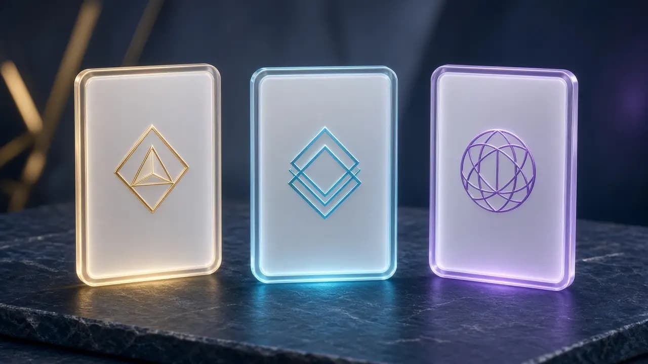 Three frosted-glass plan cards on a navy table