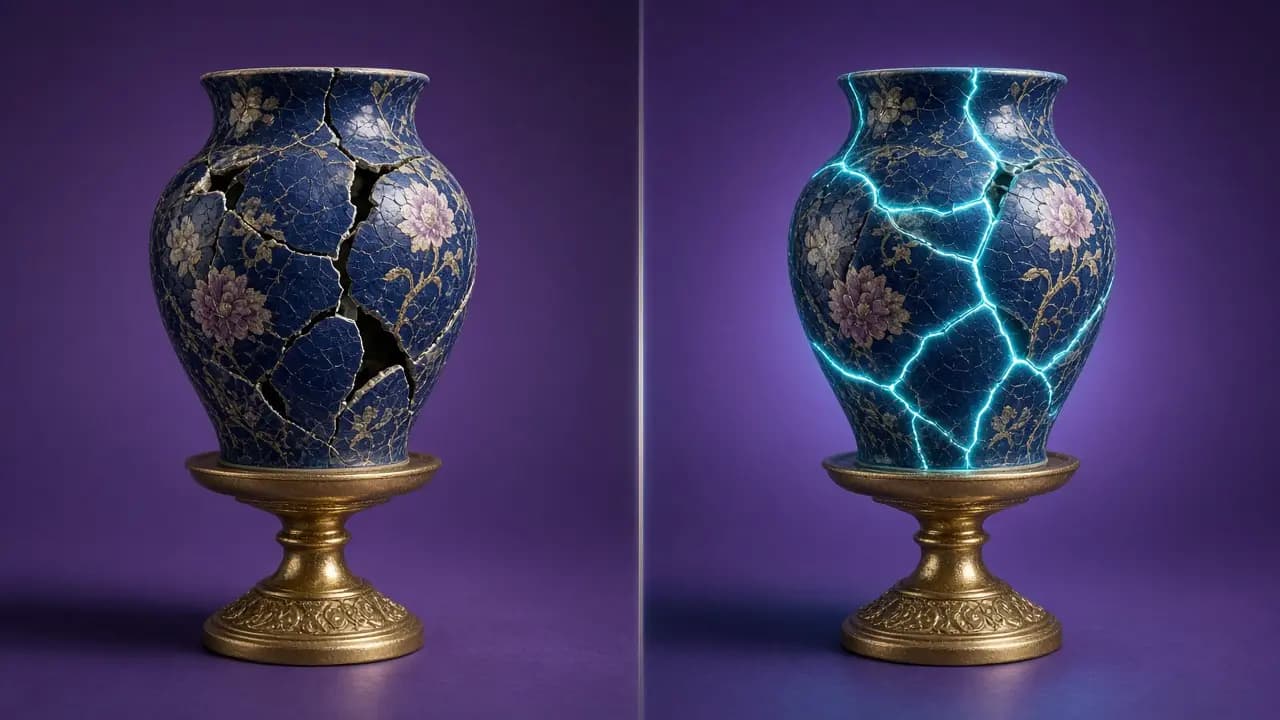 Porcelain vessel fused with cyan light seams