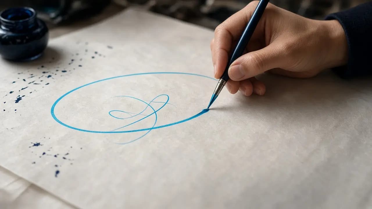 Calligrapher painting a cyan orbit on platinum vellum