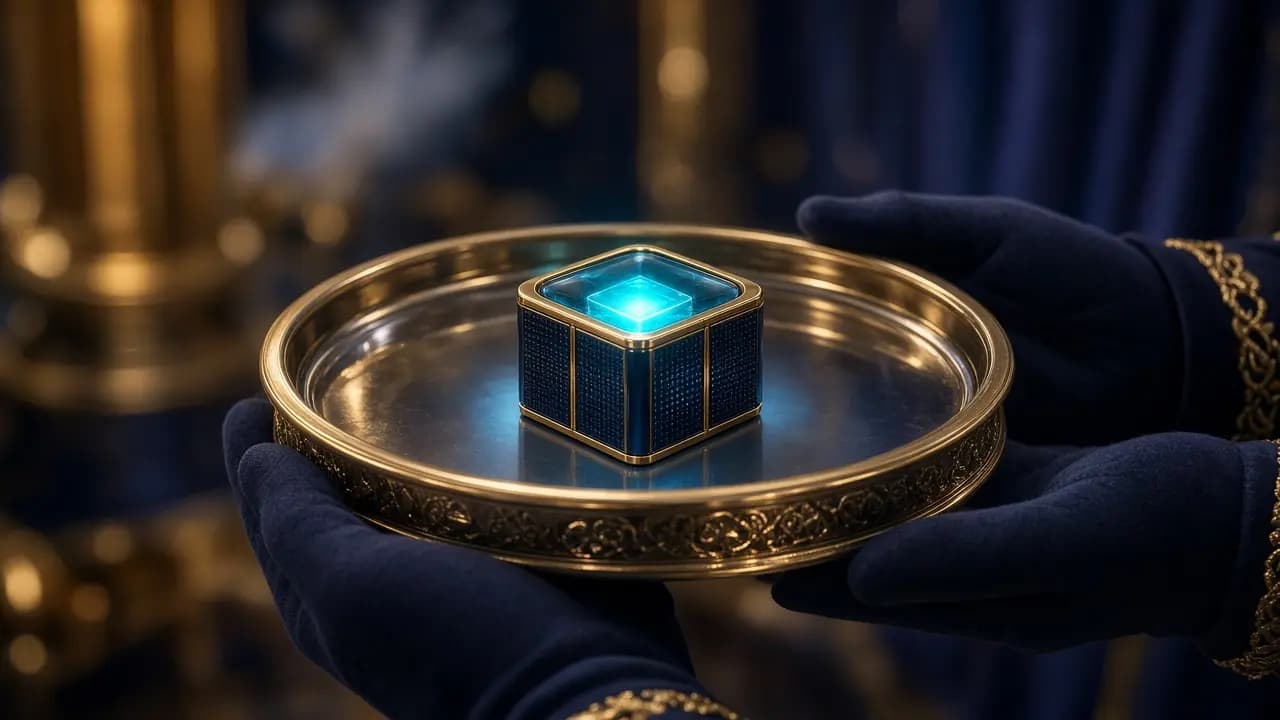 Concierge tray carrying a tiny glowing server cube