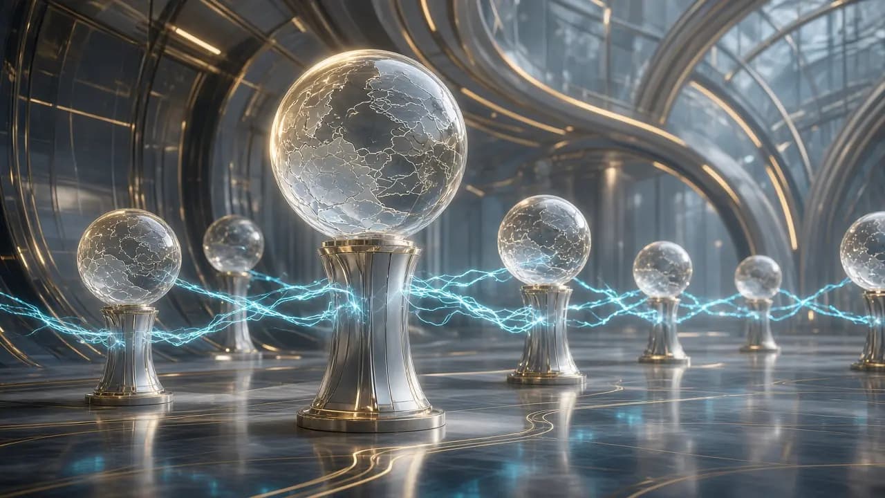Glass orbs on platinum pedestals representing domains