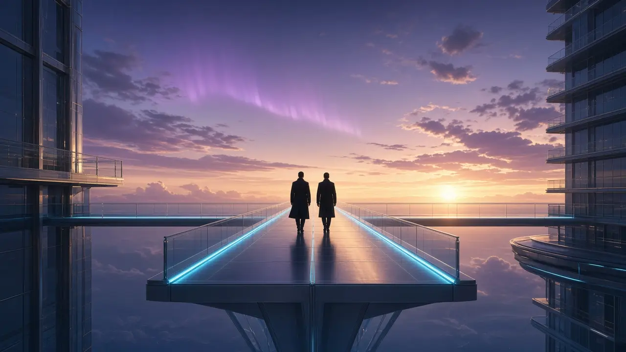 Two allies walking a platinum skybridge at dawn
