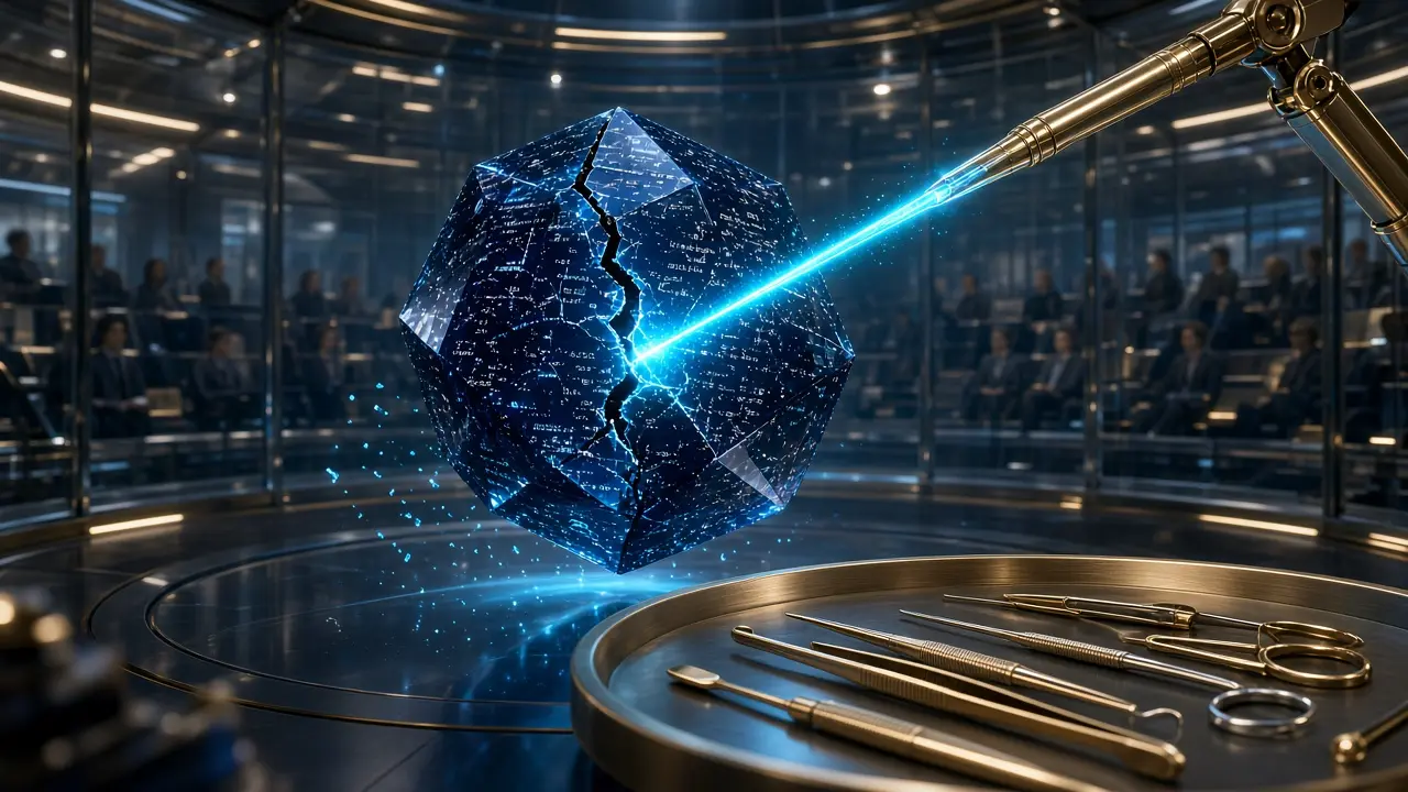 Luminous cyan scalpel repairing a navy code crystal