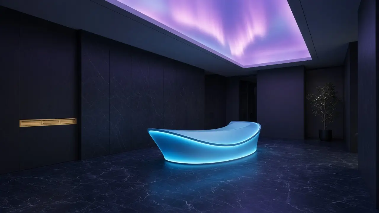 Platinum reception gallery with a cyan light desk