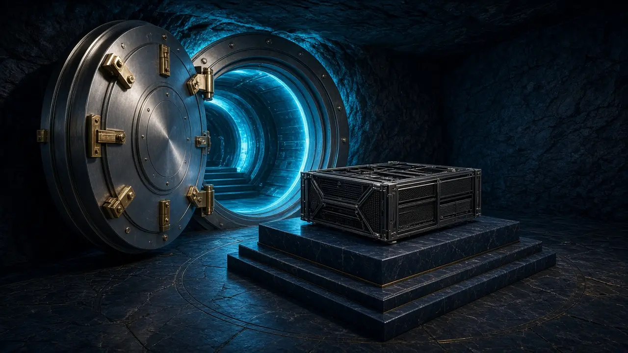 Vault door opening onto a ceremonial bare-metal chassis