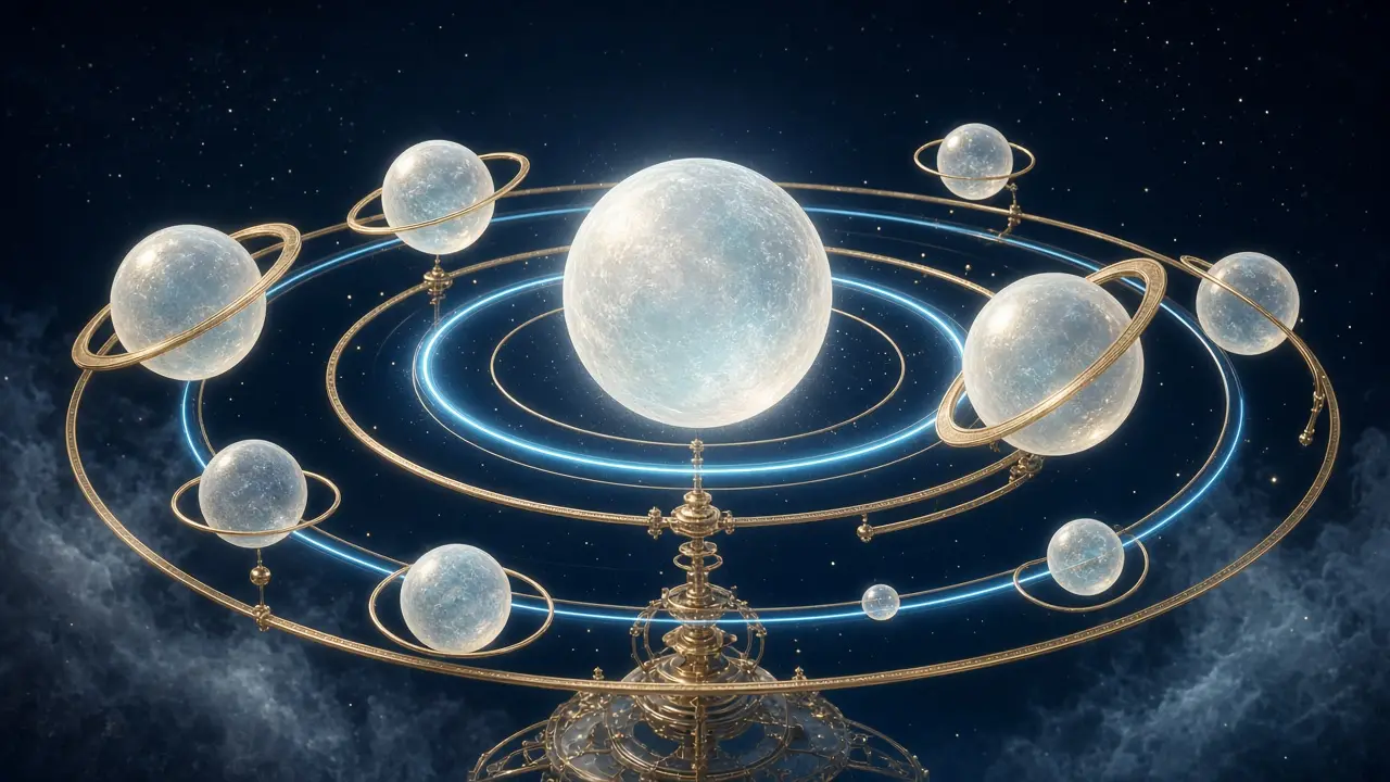 Celestial orrery of frosted glass domain worlds