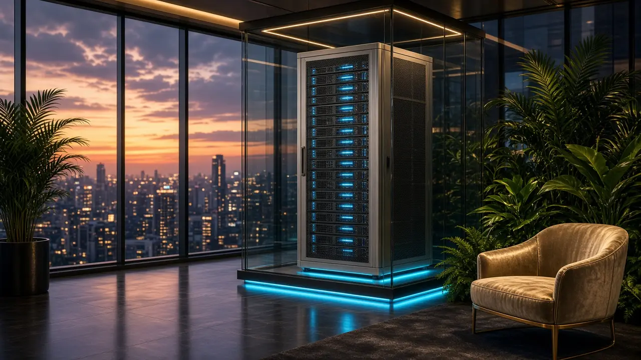 Private penthouse server room with a single platinum rack