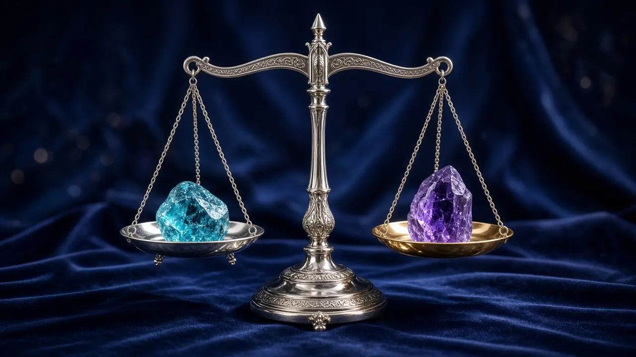 Jeweler scale weighing cyan and violet crystals