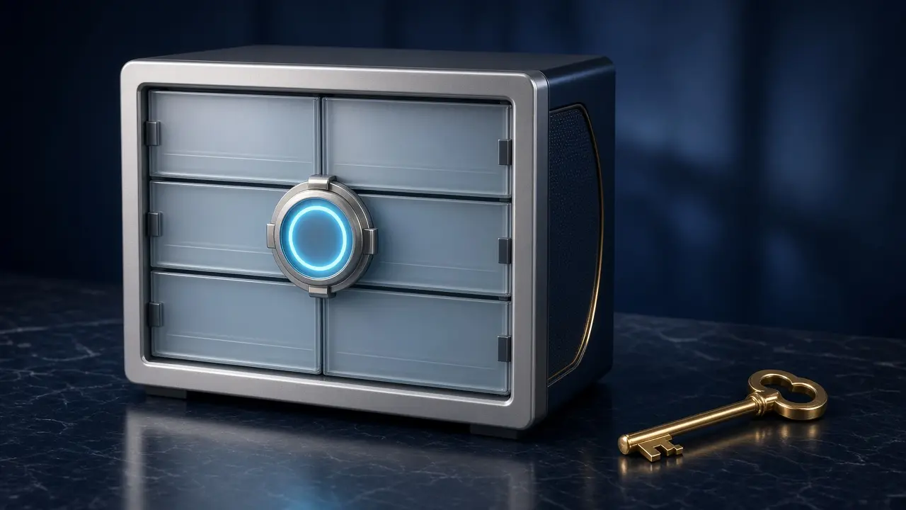 Sealed platinum privacy vault with a cyan ring