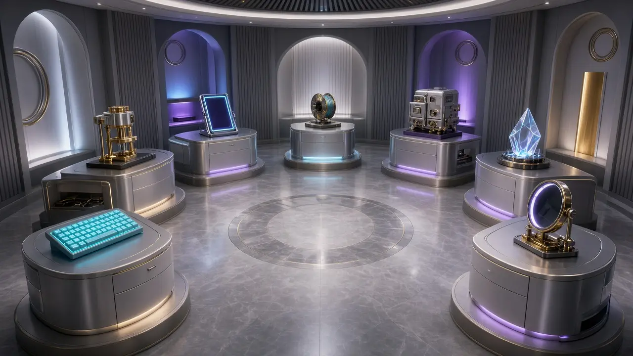 Seven craft stations arranged in a platinum salon