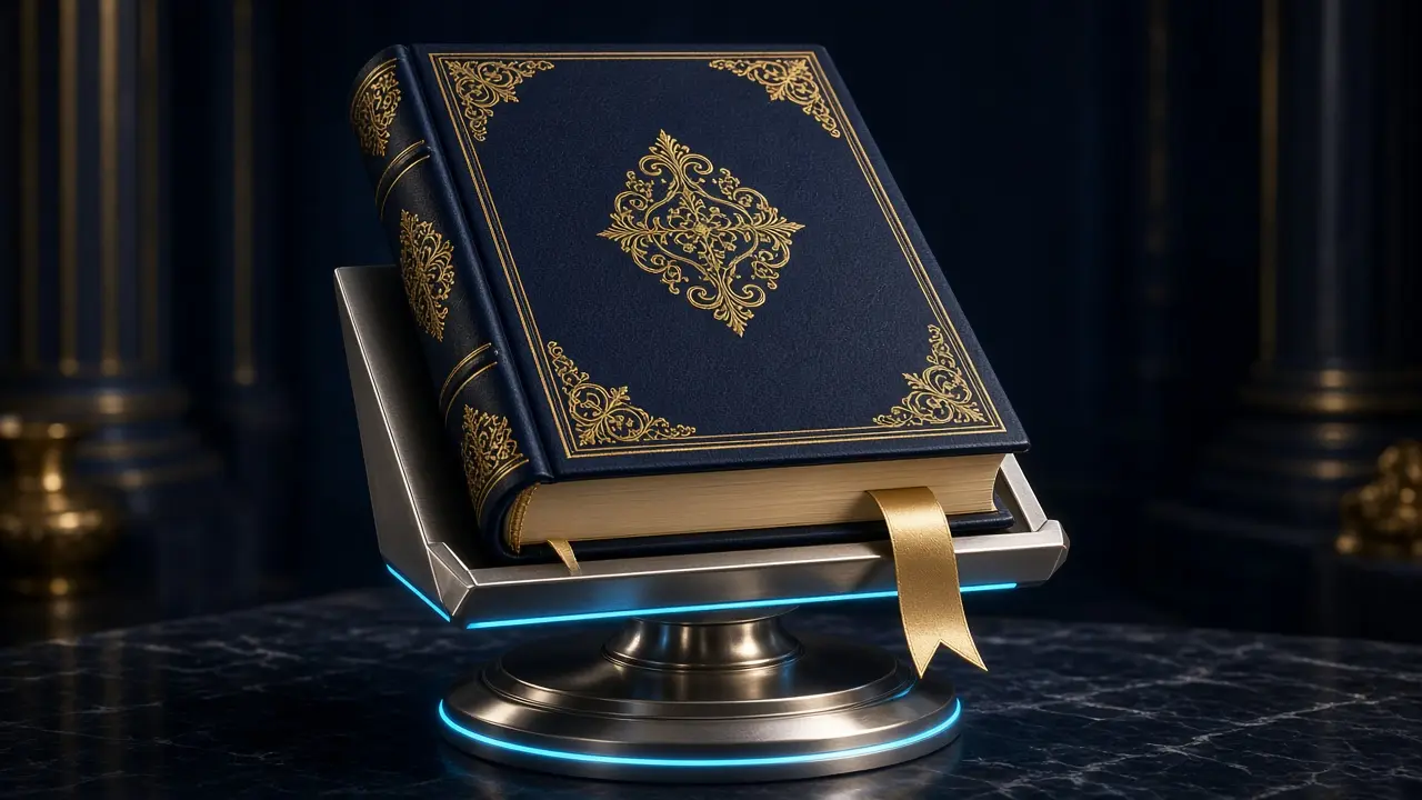 Ceremonial navy volume on a platinum lectern